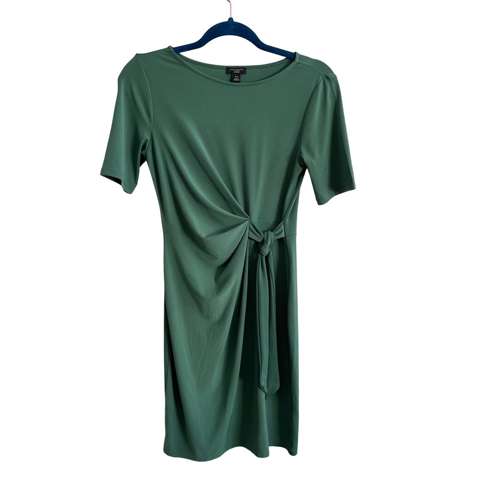 Ann Taylor Petite Sheath Dress Womens XXSP Green Business Side Tie Draped Knit